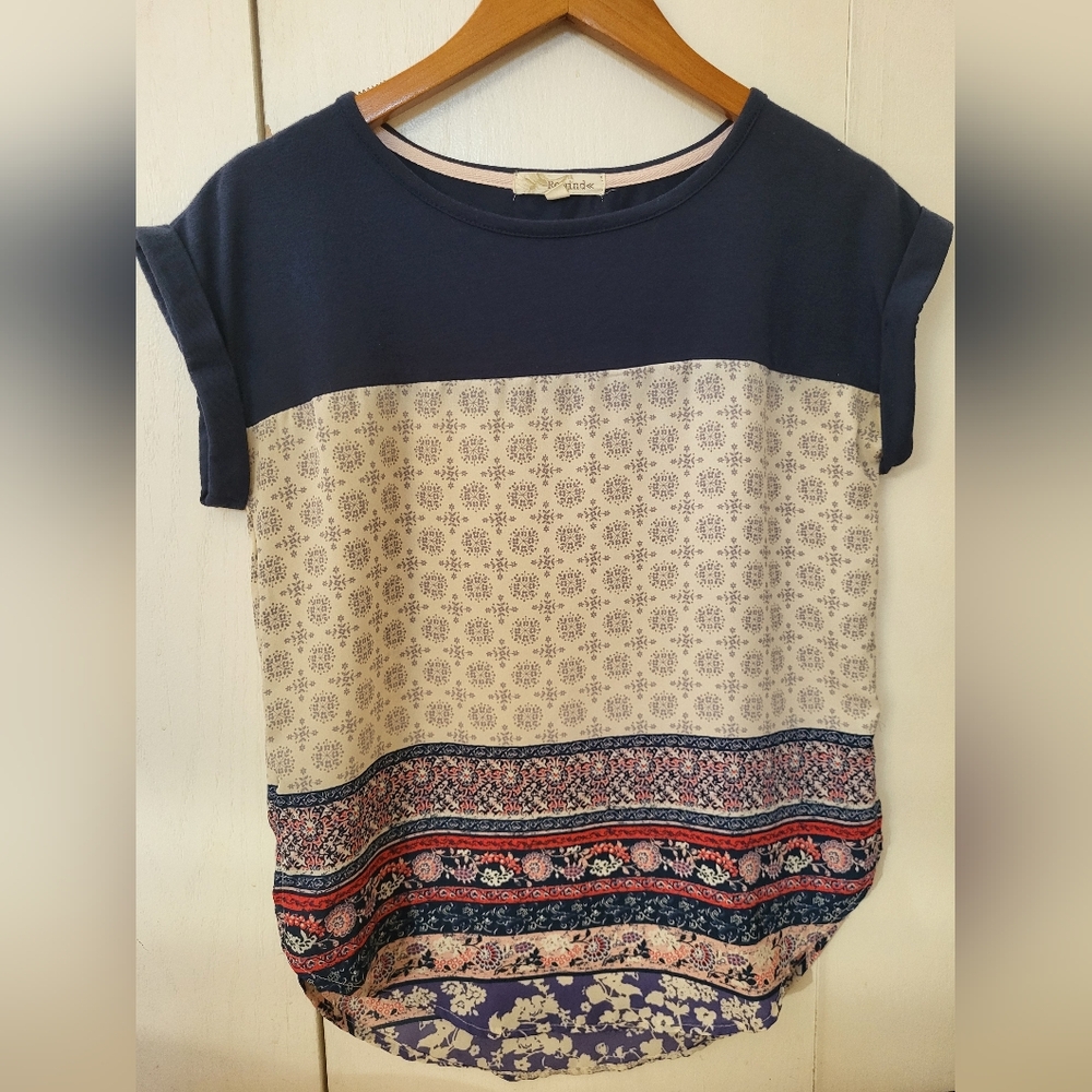 Rewind Navy and Cream Patterned Short Sleeve Tee Sz S